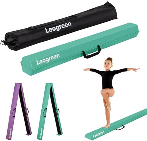 Leogreen Barra de Equilibrio PU Cuero Plegable 270cm, Barra de Gimnasia Artistica para Niños Adultos, Viga de Equilibrio con Bolsa de Transporte y Base Antideslizante Verde