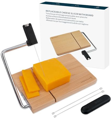 KITCHENDAO Replaceable Wire Cheese Slicer with Board, Tightness Adjustable Cheese Slicer, Beech Wood Cheese Cutter for Block Cheese, Easy to Replace, with 2 Extra Upgrade Strong Wires