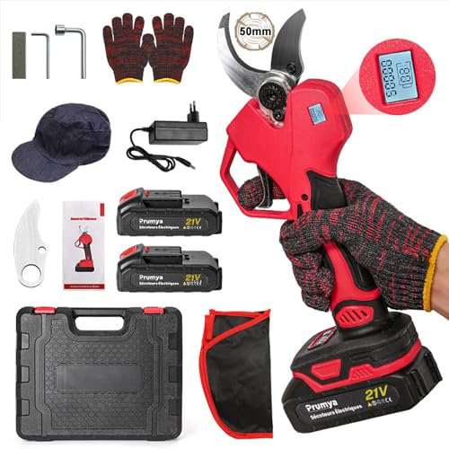 Tijeras de Podar Electricas, 50 mm Tijeras de Podar Bateria, Tijeras de Podar con 2x7500mAh Baterias, 1000W, LCD Display, Motor Brushless, Podadora Electrica Bateria para Árboles, Jardinería (50 mm)