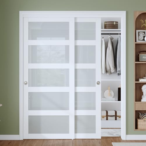 Finosen Preassembled Sliding Closet Door Slab, 64 x 80 in (Double 33 inch), 5-Lite Frosted Glass, Bypass barn Door with Hardware Kit Included, MDF Wood Panel, Water-Proof PVC Surface, White