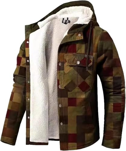Manteau matelassé Chaud d'hiver pour Hommes Veste à Carreaux à Manches Longues Veste Ample à Capuche Veste Polaire doublée Chaude Coupe-Vent Veste de Transition extérieure (Marron,Grand)