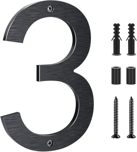 Yafimea numero civico esterno nero 20 cm – In alluminio massiccio con superficie spazzolata, fissaggio a vite con effetto 3D flottante, impermeabile – Per facciata, muro, garage, cancello (3)