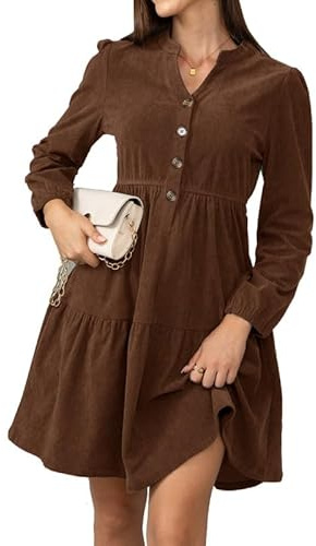 Alaster Queen Robe d'automne pour femmes - Hiver - Manches longues - Volants - Blouse - Robe en tricot avec poches - Col en V - Longue jusqu'aux genoux - Robe de fête élégante - Robe d'automne, marron