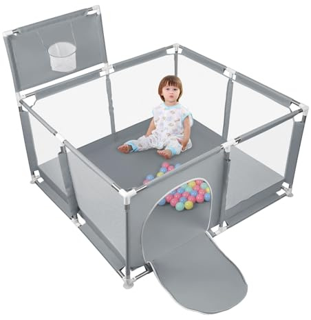 Parque infantil, gran parque infantil, actividad infantil, con bala, modular, plegable, con puerta con cremallera, con 4 ventosas, 126 x 126 x 66 cm, gris oscuro