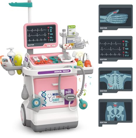 Medicos Juguete 30PCS Kit Doctora con Carrito Juguetes de Medicos Accesorios,Termómetros, Estetoscopios con Luces y Sonido,Regalos para Medicos con Luces y Sonido, Juguetes Niños 3 4 5 6 Años (Rosa)