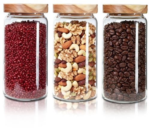 HomeyHoney 3 stycken förvaringsburkar med lock, 950 ml förvaringsburkar glas med trälock, dekorativa förvaringsburkar med lock, lufttätt kök, glasbehållare för spannmål, kryddor, förvaring