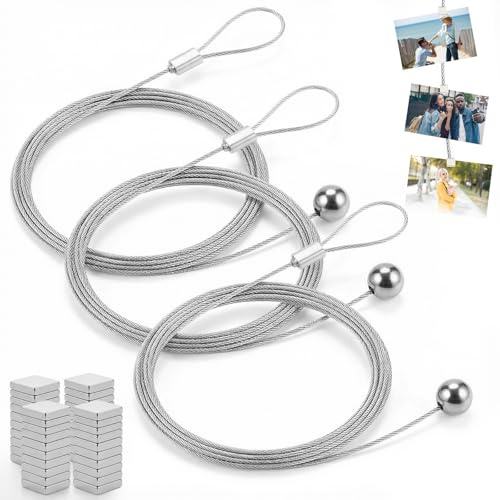 Aohyue 3 Piezas Cuerdas para Colgar Foto, Cable Metálico para Foto con 40 Imanes, 200 cm x 1,5 mm, Cadena para Fotos con Colgante Redondo, para Colgar Fotos y Postales, Plateado