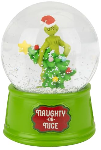 PMS Grinch - Palla di neve in resina, 8 cm, con licenza ufficiale, con base Naughty or Nice, ornamento natalizio da collezione con il Grinch, effetto neve glitterata