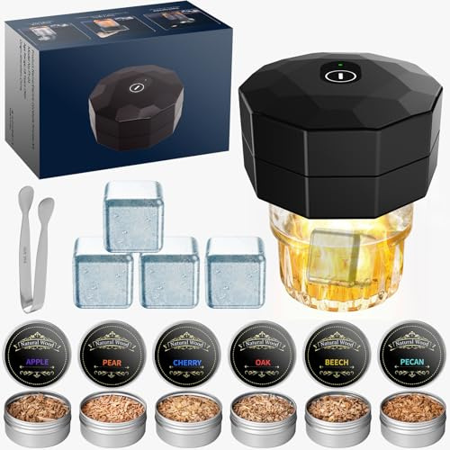 Kit Affumicatore per Whisky con 6 Trucioli di Legno, Accenditore Elettrico Incorporato, no Bisogno di Butano, Affumicatore Cocktail Ricaricabile, Kit Whisky Set Regalo per Uomini Papà Mariti