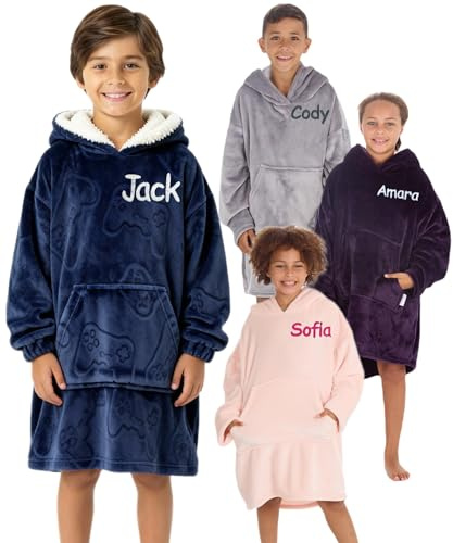 Gembroidery Personalised Kids Hoodie Blanket Soft Warm Oversized Wearable Childrens Cosy Hooded Sweatshirt Throw for Girls Boys One Size