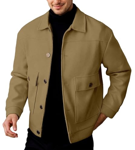 Générique Veste pour Hommes Manteaux Longs en Laine Veste à Col Montant Et Boutons Chemise Style Travail Blouson Aviateur Et Vestes de Transition Vêtements Mode Automne Hiver Chemises Élégantes
