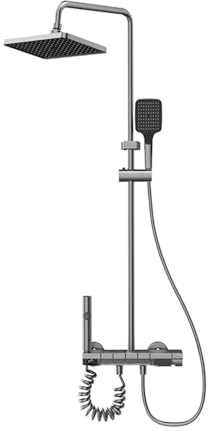 Vetrineinrete® Set colonna doccia termostatica 4 vie soffione grande doccetta rubinetto idroscopino miscelatore con ripiano integrato design moderno grigio scuro