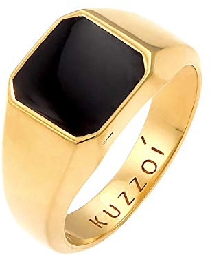 Kuzzoi Goldener Siegelring Herrenring Achteck mit Emaille Schwarz in 925 Sterling Silber vergoldet, 10 mm breit, Herren Goldring, Gold Ring für Männer poliert in der Ringgröße 62, 0610512720_62