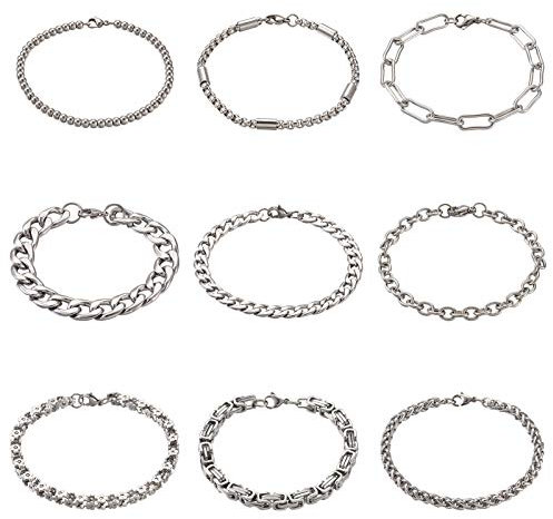 PandaHall - 9 braccialetti in acciaio inox, catena cubana con perline a sfere, catena bizantina, catena attorcigliata, catena fermacarte per donne e uomini, gioielli fai da te