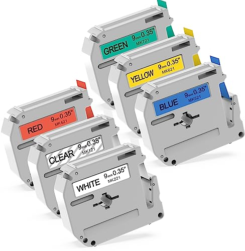 6x MarkField Kompatibel mit Brother P-touch M Bänder 9mm x 8m Schriftband Kompatibel mit M-K221 M-K121 M-K421 M-K521 M-K621 M-K721 für Brother PT-90 PT-M95 PT-80 PT-65 PT-85 PT-75, 9mm x 8m