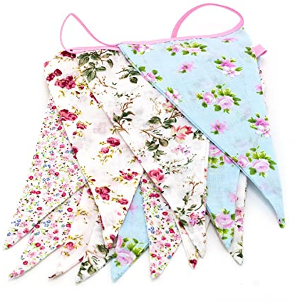 3m Ditzy Floral Fabric Bunting Double Sided Flags | 12 Pennant Cotton Bunting Garland Banner Party Bunting | Shabby Chic English Country Garden Vintage Style Floral Bunting Decoration