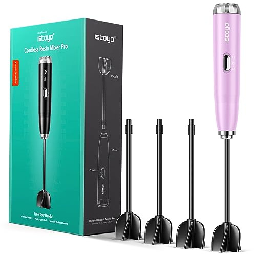 ISTOYO Premium Resin Mixer Handheld Battery Epoxy Mixer Saving Your Wrist Epoxy Resin Mixer Resin Stirrer Resin Resin Molds Silicone Molds DIY Crafts (Pink Included 4 pcs Paddles) IS-JB-JBPK-PRO