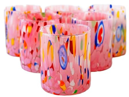 MurArt Murano Glasses Set of 6 Glasses 400 ml Tower Collection in Hand-Blown Glass Made in Italy (Pink, 6 Piece)