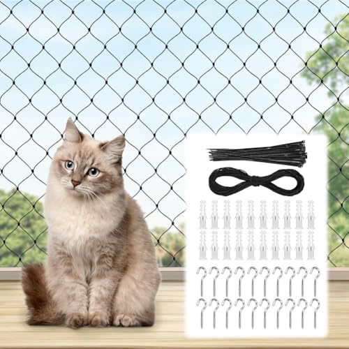 URAQT Red para Gatos Terraza, 4×3M Redes Protección Malla Gatos, Red Gatos Ventanas Seguridad Negro con Set de Fijación Incluido sin Taladro, Malla Protectora Balcon y Ventanas