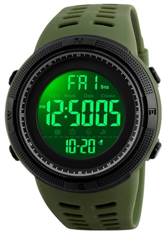 SKMEI Orologio da uomo, stile militare, sportivo, rotondo, digitale, con luce LED impermeabile, cronometro, conto alla rovescia, data, allarmi, cronografo, 1251-Verde militare