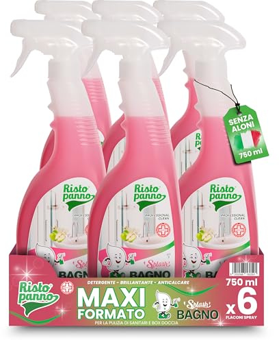 RISTOPANNO 6PZ x 750ml Detergente Anticalcare - Spray Multiuso Professionale Superfici Brillanti – Pulizia Doccia, Rubinetteria, Sanitari – Profumo Mela Verde,Fresia – Prodotti Pulizia - SPLASH BAGNO