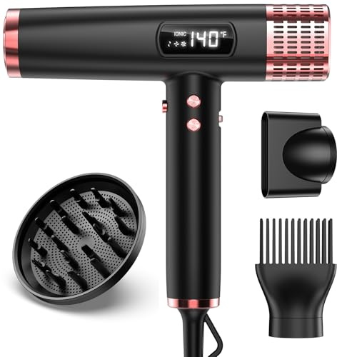 MESCOMB Asciugacapelli Ionico con Diffusore, Motore Brushless 110.000 Giri/min, Doppio Voltaggio 100-240V, 1875W Asciugatura Rapida, Display LED, 4 Temperature，Diffusore Magnetico e Ugello Inclusi