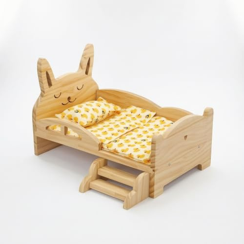 PETSOLA Lit Poupée avec Literie et Oreiller Réaliste Lit Poupée en Bois Soli Jouet pour Enfants, Collectionneurs, Lit Simple Lapin avec Couette Canard