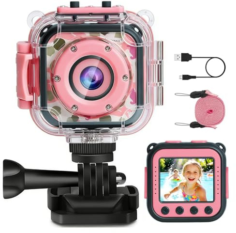 PROGRACE Kids Underwater Camera & Pool Toy - IP68 Waterproof Action Camera for Girls Ages 3-12 with 1080P Video, 32GB Card, Bike Mount, Birthday Gift for Swimming, Diving, Riding, Snorkeling
