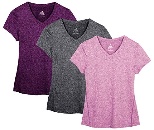 icyzone Damen Sport Fitness T-Shirt Kurzarm V-Ausschnitt Laufshirt Shortsleeve Yoga Top 3er Pack (XXL, Charcoal/Red Bud/Pink)