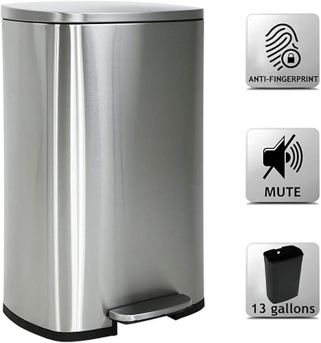 13 Gallon Step Trash Can with Soft-Close Lid - Stainless Steel Pedal Kitchen Garbage Bin, Odor-Resistant Removable Bucket, Quiet Design for Home, Office, Bathroom, Silver