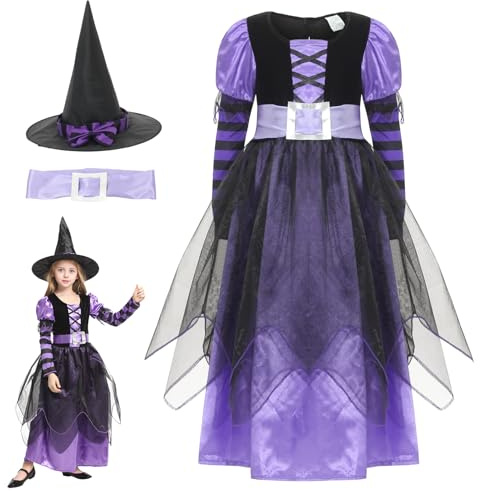 EOZY-Costume da Strega Bambina Costume Cosplay di Halloween Viola Carnevale Costume Abito Travestimento con cappello per Bambini Ragazzi 4-12 anni