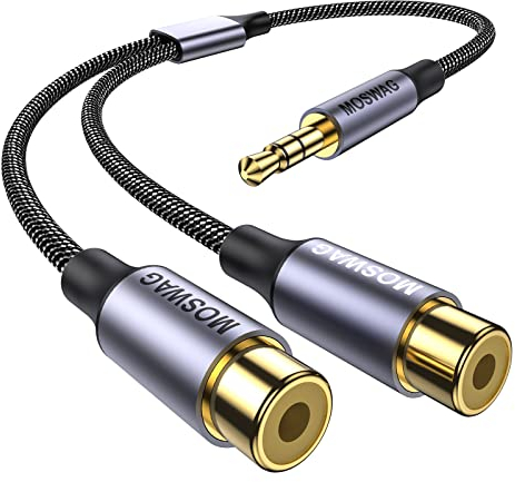 MOSWAG Cable 3,5 mm a RCA, paquete de 1, 2 conectores hembra RCA para auriculares a cable adaptador de audio estéreo RCA Compatible con teléfonos inteligentes, MP3, tabletas, altavoces,cine en casa