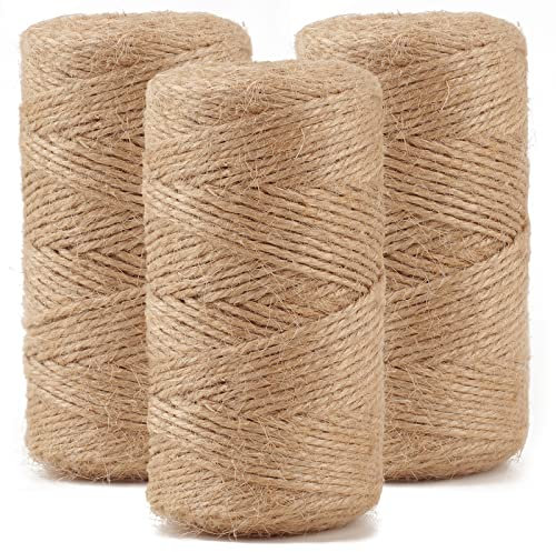 Lot de 3 rouleaux de ficelle de jute naturelle de 300 m - 3 plis - Pour jardinage, emballage cadeau, décoration de mariage, emballage
