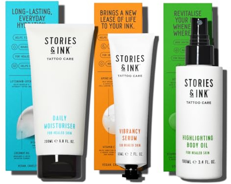 Stories & Ink Tattoo Preservation Pack (3-Piece) Daily Moisturiser, Vibrancy Serum and Highlighting Body Oil - Anti-Fade Ink Protection That Hydrates and Brightens Healed Tattoos