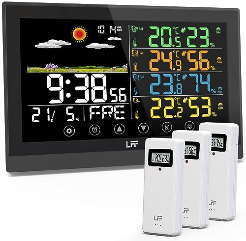 LFF Station météo sans fil pour l'intérieur et l'extérieur avec capteurs, écran couleur, horloge atomique numérique, thermomètre sans fil, avec rétroéclairage réglable