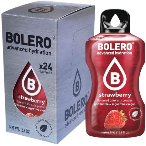 Bolero Drink 24 Bolsitas 3 gr gramos Palos Frutas Preparado Polvo Soluble para Bebidas Frescas en Agua Producto, 72 gramos Edulcorado con Stevia (Strawberry)