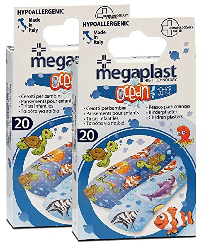 Juego de 2 Paquetes de 20 Tiritas Oceánicas Estampadas con divertidas imágenes para Niños, Vendas Animadas de colores Infantiles con Gasa Neutra Antiadherente -JUANIO-