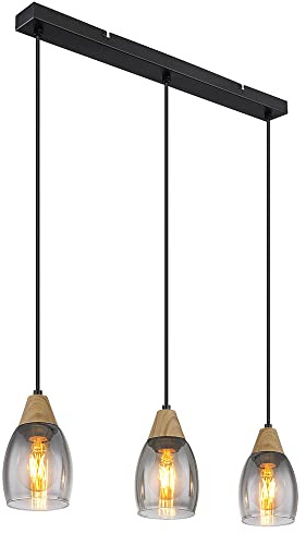 Pendelleuchte Glas Hängeleuchte Glas Lampe Rauchglas, 3 flammig Holz natur Rauchglas Metall schwarz, 3x E27 Fassungen, LxBxH 55x10x120cm