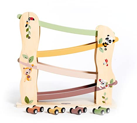 Tiny Love Spielzeug Holz-Rennwagen Rampe, Autorennbahn Holz mit 4 leichtgängigen Holzrennautos, feinmotorische Fähigkeiten, kognitive Entwicklung, natürliches Design, 18+ Monate, Boho Chic
