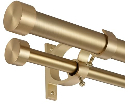 Lwiiom Double Blackout Curtain Rods 72 to 144 Inches (6-12 Feet),1-Inches Front and 5/8 Inches Back Adjustable End Cap Double Window Drapery Rod for Drapes and Curtains,Warm Gold