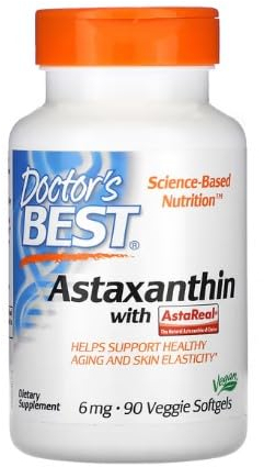 Doctor's Best Astaxanthine avec AstaPure, 6 mg - 90 Gélules Végétariennes | Antioxydant Puissant pour la Santé des Yeux et de la Peau
