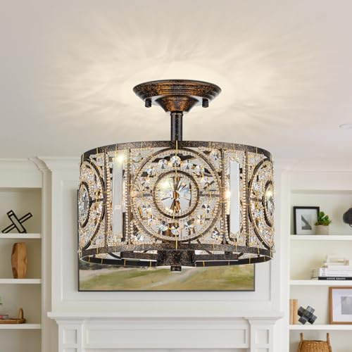 Zicbol Vintage Crystal Drum Chandelier, 3-Lights Bronze Finish Retro Chandelier Lighting Fixtures, Semi Flush Mount Ceiling Light for Dining Room Living Room Bedroom Entryway Etc.