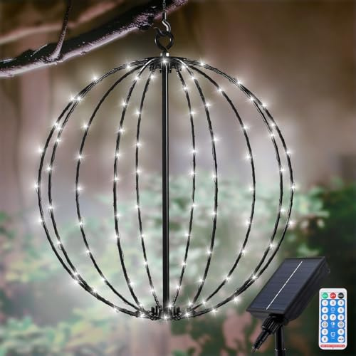 Solcellshängande bollampor utomhus juldekoration ljuskedja, vattentät metallupplyst kula 30 cm, 120 lysdioder i 8 lägen med fjärrkontroll för trädgård, terrass, inomhus – vit