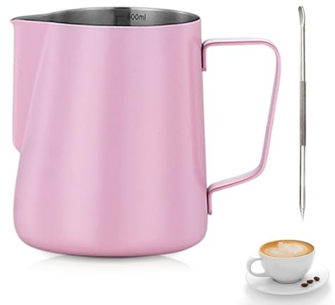 Jarra de Leche Acero Inoxidable,Tianher 350ml Jarra Leche Cafetera Barista Taza de Espumador con Marca de Medición y Lápiz Artístico para de Café de Mano y Latte Art Capuchino (rosa)