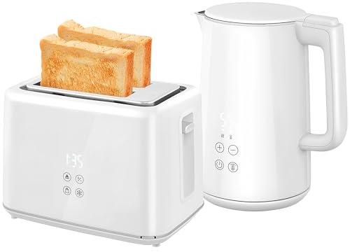 HOMCOM Digital Stainless Steel Kettle and Toaster Set, 1.5L 3000W Fast Boil Kettle, 2 Slice Toaster with 7 Level Browning Controls, Defrost, Reheat, Keep Warm, Crumb Tray and LED Touch Display, White
