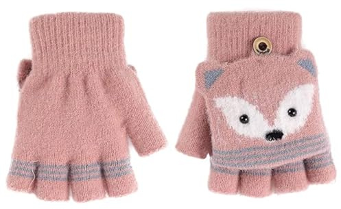 Kids 2-in-1 Flip Top Gloves Ages 3–8, Cute Puppy Knitted Thermal Gloves, Convertible Half Finger to Full Finger Warm Winter Gloves for Boys Girls Outdoor School