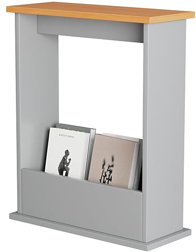 Blisswood Slim Side Table, Small Side Table With Magazine Rack, Modern Style Sofa End Tables For Living Room And Office, Narrow Bedside Tables For Bedroom, Study (55 x 45 x 18 cm, Grey & Pine)