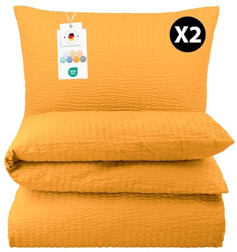 Carpe Sonno Seersucker Bettwäsche 135x200 Baumwolle 4teilig | Orange Bettwäsche 4teilig Sommer Bettbezug 135 x 200 | Sommerbettwäsche Bügelfreie Bettwäsche-Sets | 4 teilige Bettwäsche 135x200 4teilig