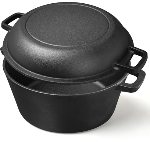 Pentola in ghisa da 4,5 litri, coperchio tutto in uno, ideale per cuocere il pane, stufato e stufato, compatibile con induzione, gas, campeggio, fuoco, barbecue e barbecue, 26 cm (26 cm)