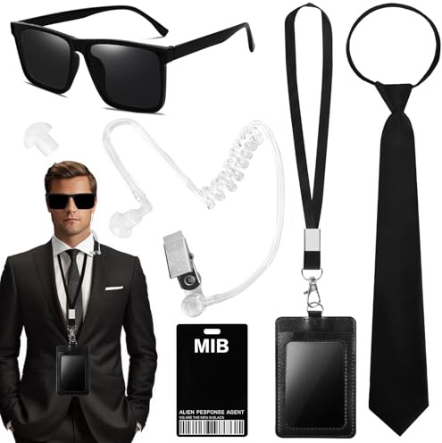 Alaoo Agent kostym tillbehör, 6 st svart hemlig agent kostym kit med slips, solglasögon, korthållare, hörlursrör, ID-kort, extra hörlurar